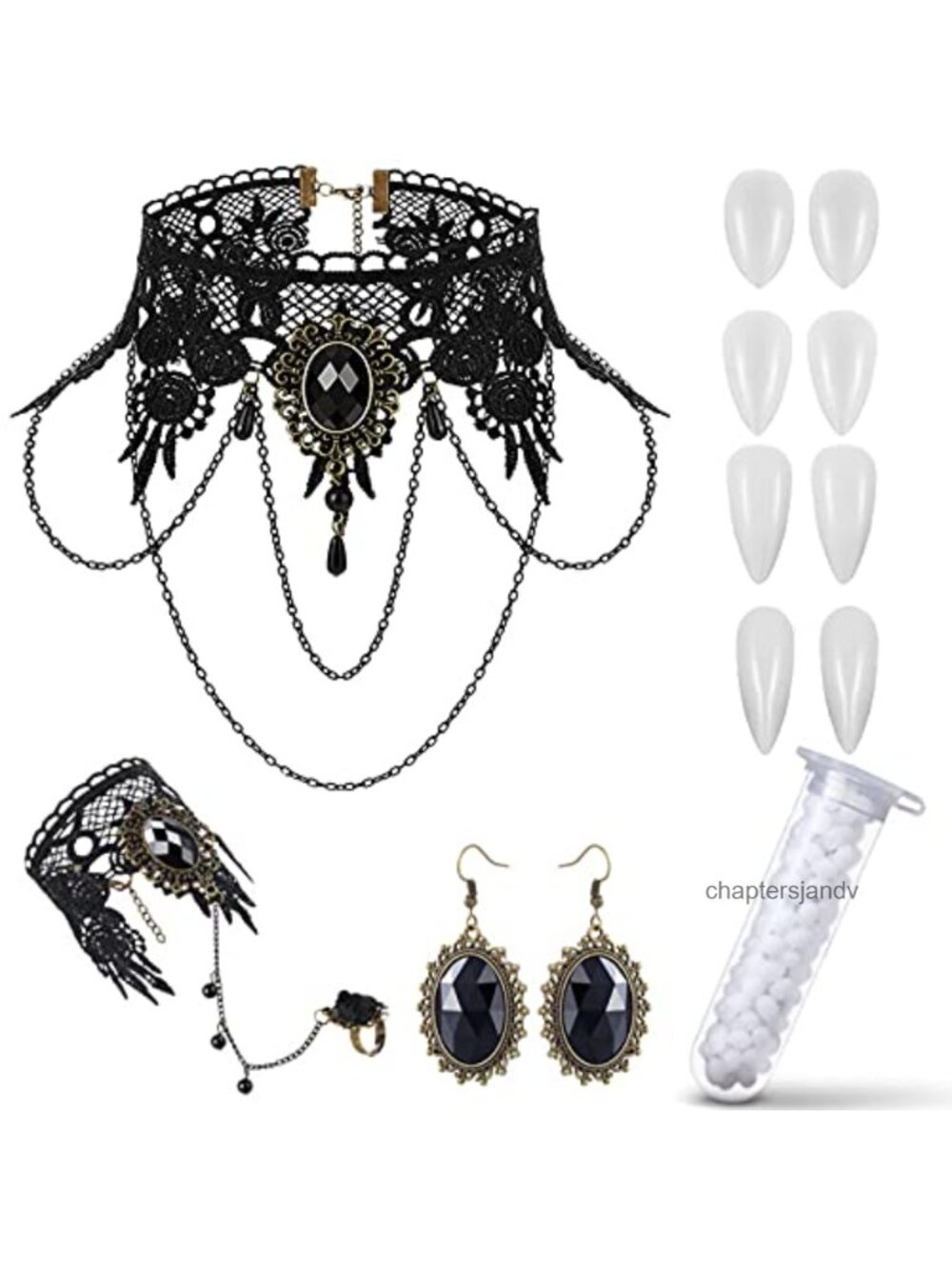 Gothic Lace Choker Necklace Bracelet Earring Set with Vampire Fangs